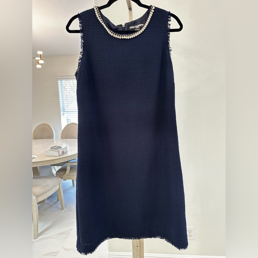 Karl Lagerfeld Paris Navy Blue Sleeveless Tweed Dress